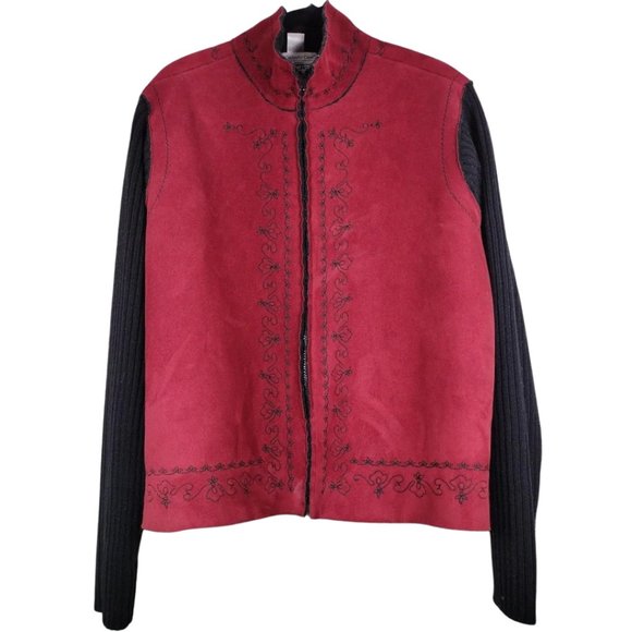 Velvet Faux Leather Jacket Women's Size XL Full Zipper Two Tones Embroid… - Picture 4 of 12